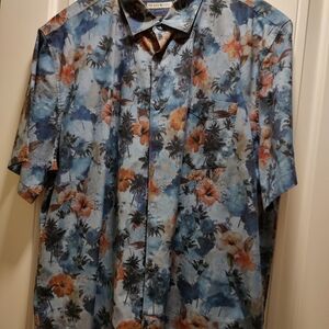 Blue and Orange Casual Button Down Shirt with Floral Design